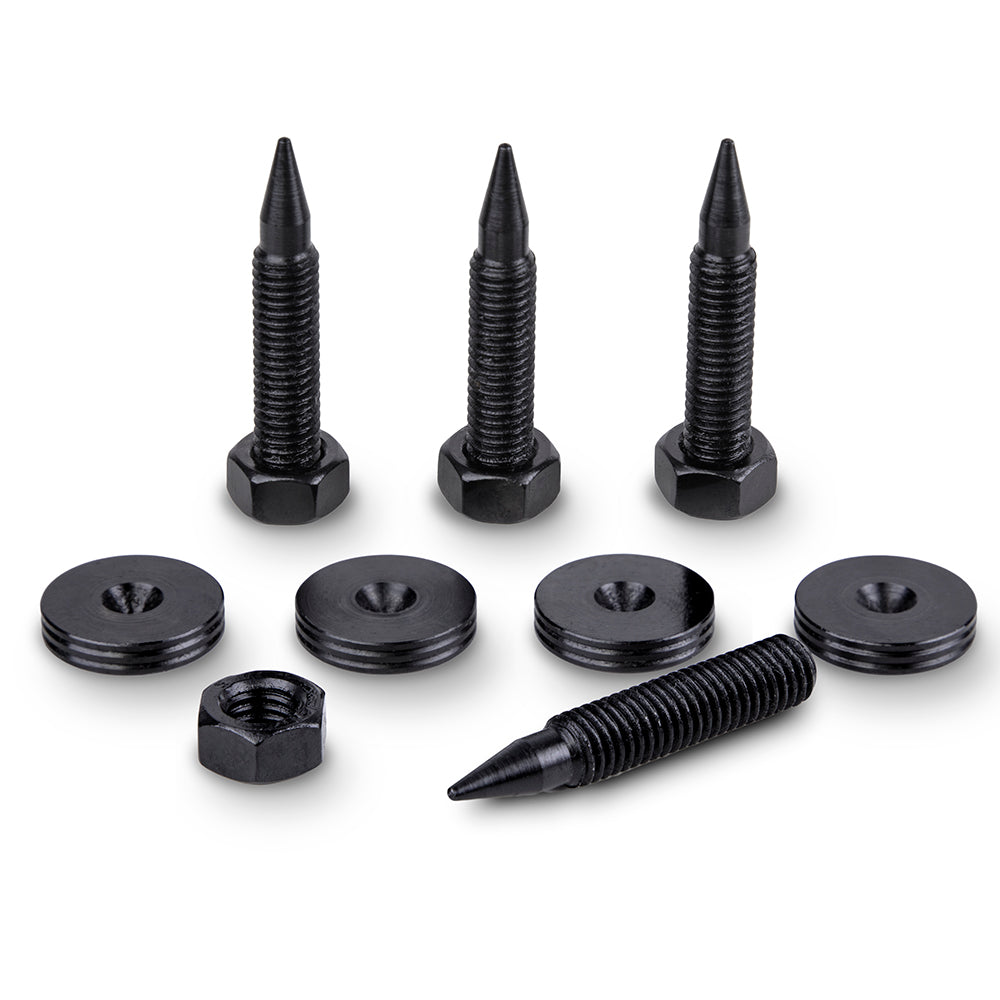 Black Steel Isolation Speaker Spikes M8 + 20mm Slim Pads Set of 4